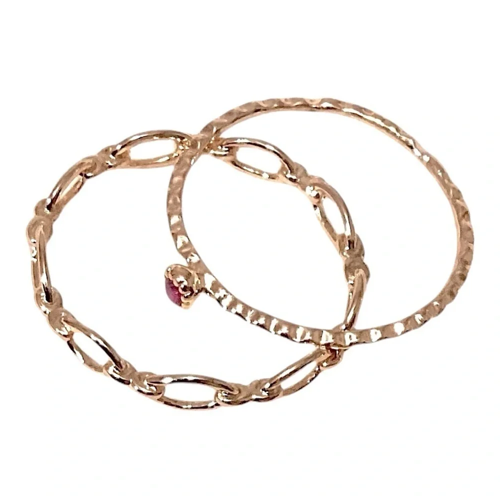 Gold Tone Delicate Chain Link Ring & Pink Garnet Colored Gemstone Ring Sz 7 New